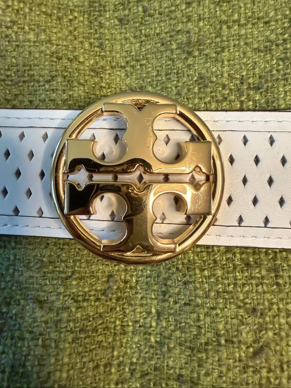 Tory Burch White Leather Perforated Logo Belt sz XL EUC